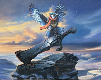 ambiguous_gender beak blue_body blue_feathers clothing cloud feathered_wings feathers feral flying holding_melee_weapon holding_object holding_sword holding_weapon melee_weapon mountain outside red_scarf scarf solo star sword twilight weapon wings mark_poole hasbro magic:_the_gathering wizards_of_the_coast avian bird official_art traditional_media_(artwork)