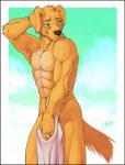 abs anthro biceps biped black_nose blush bodily_fluids covering covering_self front_view fur green_eyes grin hand_behind_head looking_away male modest muscular muscular_anthro muscular_male navel nude pecs pose shy smile solo standing stretching sweat tan_body tan_fur towel feralise chase_(retriever) bird_dog canid canine canis domestic_dog golden_retriever hunting_dog mammal retriever 2014