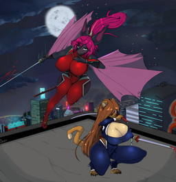 anthro bodysuit clothing duo female female/female holding_melee_weapon holding_object holding_sword holding_weapon melee_weapon skinsuit sword tight_clothing weapon duplicatename siobhan_(duplicatename) zanthia_(duplicatename) domestic_ferret mammal mustelid musteline true_musteline weasel hi_res