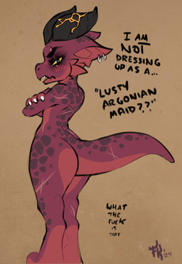 blush butt dialogue ear_piercing ear_ring female flat_chested frill_(anatomy) green_eyes horn piercing profanity ring_piercing scales scar solo text yellow_sclera conditional_dnp fluff-kevlar vess_(fluff-kevlar) horned_humanoid humanoid kobold scalie english_text hi_res