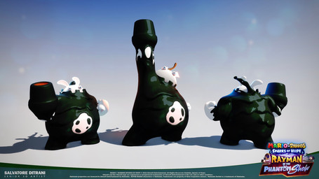 anthro arm_cannon black_body blue_background blue_eyes copyright_symbol featureless_legs fist fur furrowed_eyebrows gradient_background light looking_up male male_anthro mitten_hands multicolored_body no_eyebrows obese obese_anthro obese_male overweight overweight_anthro overweight_male pawpads raised_arm rear_view simple_background solo standing symbol tan_body tan_eyelids tan_pawpads tan_skin text title two_tone_body white_body white_fur year salvatore_ditrani mario_plus_rabbids_sparks_of_hope nintendo raving_rabbids rayman_(series) ubisoft fieldbreaker lagomorph mammal rabbid 16:9 2023 3d_(artwork) artist_name colored digital_media_(artwork) english_description english_text hi_res lighting official_art shaded widescreen