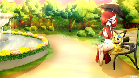 3_fingers accessory anthro bench bright detailed_background duo female fingers flower flower_in_hair fountain giving_flower glowing hair hair_accessory hair_over_eye hand_on_mouth happy holding_flower holding_object holding_umbrella looking_at_another looking_at_partner not_furry_focus on_one_leg one_eye_obstructed park park_bench plant raining red_eyes red_hair smile standing summer tree umbrella water baterco nintendo pokemon spiky-eared_pichu gardevoir generation_3_pokemon humanoid pokemon_(species) 16:9 2022 absurd_res hi_res signature widescreen