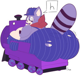 anthro big_butt butt clothing clothing_rip embarrassed fur hat headgear headwear huge_butt looking_at_viewer male pants_ripping purple_body purple_fur solo text thick_thighs tight_clothing train vehicle wide_hips guooo123456 indigo_park rambley_raccoon mammal procyonid raccoon hi_res
