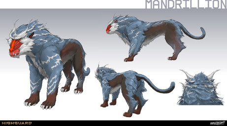 4_toes 5_toes ambiguous_feral ambiguous_gender blue_body blue_fur blue_tail brown_body brown_feet brown_fur claws company_name feet feral fur light long_fangs long_tail markings mouth_closed multicolored_body multicolored_fur nude nude_ambiguous orange_eyes paws quadruped sharp_teeth solo standing tail teeth text toe_claws toes turnaround white_body white_claws white_fur white_markings nicholas_patrick_kelana highguard_(game) felid feline haplorhine mammal mandrillion_(highguard) monkey old_world_monkey primate 2026 absurd_res colored concept_art digital_drawing_(artwork) digital_media_(artwork) english_description english_text hi_res lighting official_art shaded