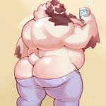 1:1 anthro bear beard big_butt bottomwear brown_hair butt clothed clothing facial_hair fur hair hi_res male mammal merong mustache overweight overweight_anthro overweight_male pants polar_bear simple_background solo topless ursine white_body white_fur yellow_background