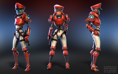 alternate_universe bent_arm blue_eyes blue_sclera blurred_background clothing featureless_crotch female female_humanoid fingers glowing glowing_eyes grey_body gun hand_on_hip hand_on_own_hip hat headgear headwear holstered_pistol light machine metallic_body mouth_closed multicolored_body noseless not_furry peaked_cap ranged_weapon rear_view red_body red_clothing red_hat red_headwear red_knee_boots side_view solo standing text three-quarter_view turnaround weapon thomas_veyrat steamworld steamworld_heist_(series) piper_faraday humanoid robot robot_humanoid 2019 3d_(artwork) adobe_photoshop_(artwork) artist_name autodesk_3ds_max_(artwork) character_name colored digital_media_(artwork) english_description english_text hi_res lighting shaded substance_painter_(artwork) zbrush_(artwork)