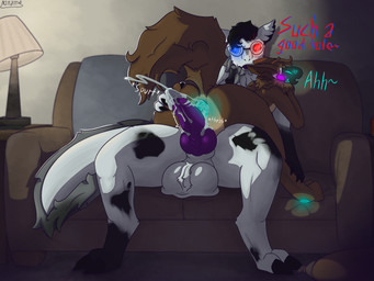 4_ears after_sex anal_fluids animal_genitalia animal_penis anthro anus balls big_balls big_butt black_markings blue_anus blue_pawpads blush blush_lines bodily_fluids brown_body brown_fur butt butt_grab claws cum cum_in_ass cum_inside cum_on_penis detailed_background dialogue dominant duo eyewear fluffy fluffy_tail fur furniture gaping gaping_anus genital_fluids genitals glasses glowing glowing_anus glowing_eyes hand_on_butt inside knot knotted_penis lamp larger_dom looking_back looking_pleasured machine male male/male markings multi_ear nude on_sofa pawpads penis purple_penis size_difference sofa tail tan_markings white_body white_fur no_name_(artist) inky_(hydanuu) no_name_(no_name) armorless_protogen mammal protogen wickerbeast 4:3 detailed hi_res