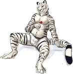 anthro bulge candy clothed clothing dessert detailed_bulge doctor food fur genital_outline green_eyes lollipop male partially_clothed paws penis_outline solo stripes tenting topless underwear white_body white_fur mintyderg zephyr_belinski felid feline mammal pantherine tiger