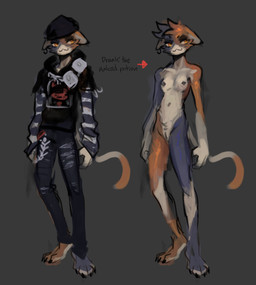 4_toes anthro barbell_piercing barefoot beanie biped black_beanie black_bottomwear black_claws black_clothing black_eyebrows black_hat black_headwear black_hoodie black_pants black_topwear blue_body blue_fur bottomwear breasts cheek_tuft claws clothed clothed_anthro clothed_female clothed_to_nude clothing crotch_tuft dipstick_tail directional_arrow ear_piercing ears_down eyebrows eyeshadow facial_tuft feet female female_anthro fingers fish_hook fish_hook_piercing fully_clothed fully_clothed_anthro fully_clothed_female fur genitals grey_background hat headgear headwear hoodie hook innie_vulva long_sleeve_shirt long_sleeves looking_aside makeup markings mouth_closed multicolored_body multicolored_fur multicolored_tail navel nipple_piercing nipples nude nude_anthro nude_female orange_body orange_eyes orange_fur orange_tail orange_tail_tip pants pattern_clothing pattern_shirt pattern_topwear piercing pivoted_ears print_clothing print_hoodie print_topwear shirt simple_background small_breasts solo standing striped_clothing striped_shirt striped_topwear stripes tail tail_markings text toe_claws toes topwear torn_bottomwear torn_clothing torn_pants tuft undershirt vulva white_body white_fur white_tail pajamamcham epic_games fortnite meow_skulls calico_cat domestic_cat felid feline felis mammal 2025 digital_media_(artwork) english_text