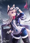 blonde_hair clothing female gloves hair handwear holding_object holding_shield jacket open_mouth outside purple_eyes shield ski_goggles smile snow solo topwear bounty_devil arknights hypergryph studio_montagne cardigan_(arknights) animal_humanoid canid canid_humanoid humanoid mammal mammal_humanoid 2019 absurd_res hi_res