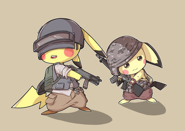 armor backpack clothing cosplay duo fingerless_gloves gloves gun handgun handwear headgear helmet open_mouth ranged_weapon weapon sonawill nintendo playerunknown's_battlegrounds pokemon generation_1_pokemon generation_2_pokemon pichu pikachu pokemon_(species) 2017 absurd_res hi_res
