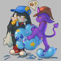 anthro balloon balloon_fetish balloon_in_mouth balloon_popping balls bodily_fluids bottomwear bottomwear_down butt clothing cowboy_hat cum duo emoji fangs foot_on_balloon foot_on_object footwear foreskin freckled_face freckles genital_fluids genitals gloves handwear hat headgear headwear horn humanoid_genitalia humanoid_penis imp_tail inflatable male male/male mostly_nude penis perineum popped_balloon presenting presenting_hindquarters print_balloon question_mark raised_leg scarf shoes speech_bubble sweat teeth young young_anthro young_male badipoki bandai_namco klonoa_(series) huepow klonoa equid equine horse hybrid imp mammal absurd_res hi_res