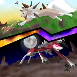ambiguous_gender claws duo feral group moon solo_focus sun night-daze-nova nintendo pokemon alolan_form alolan_rattata avian bird generation_7_pokemon lycanroc midday_lycanroc midnight_lycanroc piciform pikipek pokemon_(species) regional_form_(pokemon) yungoos 1:1 2016 hi_res multiple_images