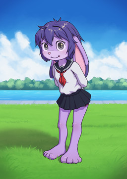 anthro asian_clothing biped black_bottomwear black_clothing black_markings black_skirt blue_body blue_fur blue_hair blush bottomwear breasts clothing countershade_face countershade_torso countershading dipstick_ears ear_markings east_asian_clothing eyebrows female floppy_ears front_view fur grass hair hands_behind_back japanese_clothing japanese_school_uniform leg_markings looking_at_viewer lop_ears markings mouth_closed multicolored_ears necktie outside pink_nose plant plantigrade red_necktie school_uniform serafuku shirt short_hair skirt small_breasts solo standing thigh_markings topwear underwear uniform white_body white_clothing white_countershading white_fur white_shirt white_topwear young young_anthro young_female minum lagomorph leporid mammal rabbit 2026 absurd_res hi_res