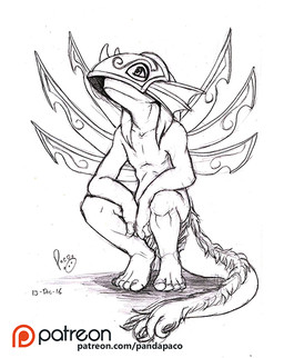 anthro armor cheek_frill crouching headgear helmet male male_anthro mostly_nude mouth_closed patreon_logo simple_background solo tail tail_tuft tuft wings pandapaco patreon species_request 2016 dated spot_color