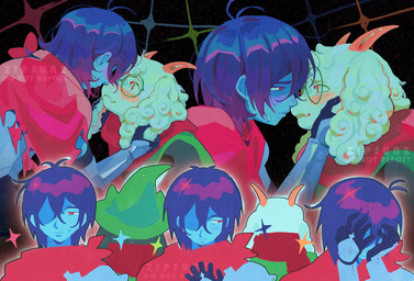 ambiguous_gender anthro blue_body blue_skin blush clothing curly_hair eyewear fur glasses group hair horn imminent_kiss male robe scarf white_body white_fur zipsunz deltarune undertale_(series) kris_dreemurr ralsei bovid caprine goat human mammal hi_res nonbinary_(lore)