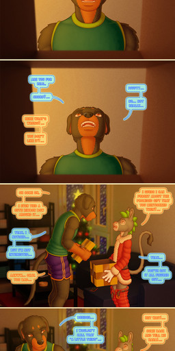 3d_background 4_fingers anthro belt belt_buckle biped bodily_fluids bottomwear bottomwear_down box buckle christmas_tree claws clothed clothed_anthro clothed_male clothing coat color_coded color_coded_speech_bubble color_coded_text container costume cute_fangs dialogue dick_in_a_box disguise duo eye_contact eyebrows fangs finger_claws fingers floppy_ears fully_clothed fully_clothed_anthro fully_clothed_male fur_trim_(clothing) furniture gift_box grin hair holding_box holding_container holding_object holidays inside interrobang iris larger_male long_tail looking_at_another lop_ears male male/male male_anthro medium_hair onomatopoeia open_belt open_mouth open_smile pants pants_down partially_clothed partially_clothed_anthro partially_clothed_male plant punk_hair pupils santa_costume shirt shocked shorts size_difference smaller_male smile smiling_at_another snout sofa sound_effects speech_bubble standing surprised sweat sweatdrop table tail tail_tuft talking_to_another tank_top teeth text tongue topwear tree tuft walking chokodonkey conditional_dnp christmas choko_(chokodonkey) jimmy_(chokodonkey) asinus canid canine canis domestic_dog donkey equid equine mammal mastiff molosser rottweiler absurd_res comic english_description english_text hi_res long_image tall_image