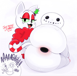 anal anal_penetration anus big_butt black_eyes butt buttplug buttplug_in_ass buttplug_insertion dialogue eyeshadow female feral freckles fur green_sclera holly_(plant) holly_bow huge_butt humor long_tail looking_at_viewer lying makeup markings neck_tuft object_in_ass on_side open_mouth open_smile penetration plant plug_(sex_toy) plug_insertion red_body red_eyeshadow red_fur red_tail screaming sex_toy sex_toy_in_ass sex_toy_insertion smile snowman striped_markings striped_tail stripes tail tail_markings talking_to_viewer text thick_thighs tuft white_body white_ears white_fur white_tail ota_(artist) junipurr animate_inanimate domestic_cat felid feline felis mammal english_text hi_res