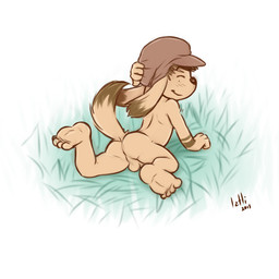 anthro anus balls butt clothing genitals hat hat_only headgear headgear_only headwear headwear_only lying male mostly_nude raised_tail shota solo tail young young_anthro young_male iztli canid canine canis domestic_dog mammal 1:1 2015 signature