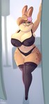 absolute_territory accessory anthro bedroom_eyes big_breasts blue_eyes bra breasts cleavage cleavage_overflow clothed clothing dipstick_ears ear_markings fangs female flower flower_in_hair footwear fur hair hair_accessory high_heels highlights_(coloring) huge_breasts inside lace legwear looking_at_viewer midriff multicolored_ears narrowed_eyes navel open_mouth panties plant seductive shoes solo standing stockings tan_body tan_fur teeth thick_thighs underwear wide_hips shakotanbunny hazel_(shakotanbunny) domestic_rabbit flemish_giant lagomorph leporid mammal oryctolagus rabbit 2023 hi_res signature