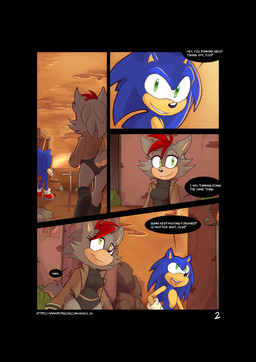 anthro blue_body blue_fur bottomwear building clothing coat dialogue duo female footwear fur gloves green_eyes handwear hotpants male quills_(anatomy) shirt shoes shorts smile speech_bubble sunset sweater tank_top text topwear turtleneck conditional_dnp ebonychimera sega sonic_the_hedgehog_(series) fan_character kaylana_lobinski sonic_the_hedgehog canid canine canis eulipotyphlan hedgehog hybrid mammal wolf comic english_text hi_res