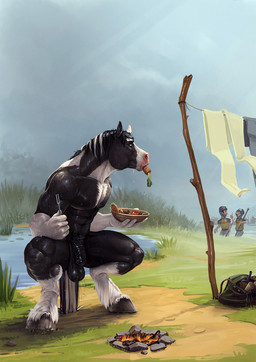 abs animal_genitalia animal_penis anthro armor bag balls bonfire carrot casual_nudity clothing crouching equine_genitalia equine_penis fire flaccid food fur genitals group hair headgear holding_object hooves lake male medieval medieval_armor muscular muscular_anthro muscular_male nude outdoor_nudity outside pecs penis plant spread_legs spreading tail trio vegetable water weapon wet wet_body wet_fur satanic_monkey equid equine horse human mammal digital_media_(artwork) hi_res