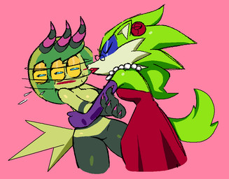 ambiguous_gender anthro clothed clothing crossdressing dress duo female forced forced_kiss fur gloves green_body green_fur green_hair green_skin hair handwear horn kiss_mark kissing lipstick makeup red_clothing red_dress red_lipstick simple_background struggling tail yellow_lipstick saucekye sega sonic_the_hedgehog_(series) the_deadly_six zeena zelos_the_'toon canid canine canis horned_humanoid humanoid mammal wolf zeti zeti_(species) 2026 2d_animation animated digital_media_(artwork) frame_by_frame genderfluid_(lore) nonbinary_(lore)