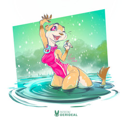 anthro breasts clothed clothed_anthro clothed_female clothing female one-piece_swimsuit one_eye_closed open_mouth partially_submerged pink_eyes solo swimwear wink kiaun derideal mammal mustelid otter 1:1 2026 hi_res