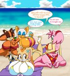 anthro beach big_breasts big_butt bikini blue_sky breasts butt clothing female group one-piece_swimsuit outside sea sitting sky sling_bikini swimwear text two-piece_swimsuit water roga141 sega sonic_boom sonic_the_hedgehog_(series) amy_rose cream_the_rabbit rouge_the_bat sticks_the_jungle_badger badger bat eulipotyphlan hedgehog lagomorph leporid mammal mustelid musteline rabbit 2022 absurd_res hi_res