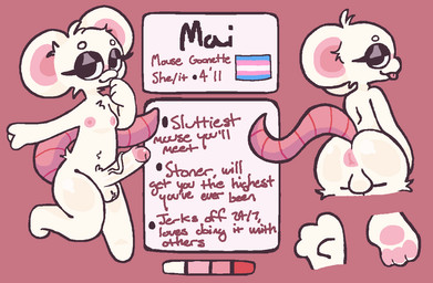anthro balls breasts erection eyeliner eyeshadow genitals gynomorph intersex lgbt_pride looking_at_viewer makeup pawpads penis pride_colors raised_tail simple_background solo tail text tongue tongue_out transgender_pride_colors mewzbloom mai_(mewzbloom) mammal mouse murid murine rodent english_text model_sheet trans_(lore)