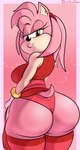 2023 amy_rose anthro artist_name big_butt butt clothing davidsanchan ear_piercing eulipotyphlan female gradient_background hedgehog hi_res legwear lipstick looking_at_viewer looking_back makeup mammal panties piercing rear_view sega simple_background smile solo sonic_the_hedgehog_(series) sparkles tail thick_thighs thigh_highs underwear wide_hips