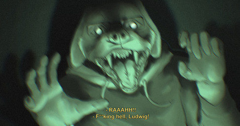anthro bared_teeth claws clothed clothing eyewear fur ghost_hunting glasses glistening glistening_eyes hoodie humanoid_hands male motion_blur night_vision open_mouth simple_background solo teeth teeth_showing text topwear veryloudopossum ludwig_(mangomutt) bird_dog canid canine canis domestic_dog hunting_dog labrador mammal retriever monochrome subtitled