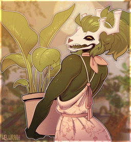 anthro biped clothing dark_body deer_skull eyes_closed fur green_body green_fur green_hair green_tongue hair happy holding_pot holding_potted_plant horn looking_at_viewer looking_back looking_back_at_viewer pink_clothing plant smile solo tongue white_horn conditional_dnp welwraith scraper_city wicker_(welwraith) deer mammal 2026 digital_drawing_(artwork) digital_media_(artwork) hi_res female_(lore)