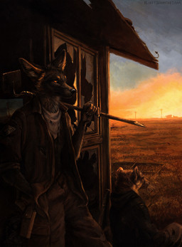 anthro black_body black_fur black_nose clothing duo fur kerchief male orange_body orange_eyes orange_fur post-apocalyptic sunset kenket dashwood_fox tay_(kenket) canid canine cross_fox fox gulonine mammal marten mustelid musteline pine_marten red_fox true_fox restricted_palette traditional_media_(artwork)