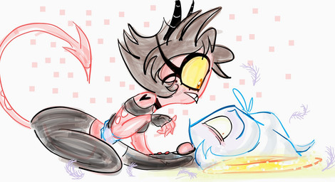 blue_body blue_skin blush duo feathers female female_on_top halo hand_on_hip horn long_tail looking_away male male_on_bottom markings mole_(marking) on_bottom on_top red_body red_eyes red_skin spade_tail tail emositecc hellaverse helluva_boss millie_(helluva_boss) moxxie_(helluva_boss) angel angel_humanoid demon demon_humanoid humanoid imp colored hi_res sketch