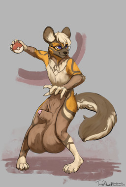 animal_genitalia anthro balls big_balls eyewear fur genitals glasses huge_balls hyper hyper_balls hyper_genitalia male multicolored_body multicolored_fur penis penis_tip pokeball sheath solo standing wearing_glasses tsunekitsune nintendo pokemon african_wild_dog canid canine mammal