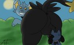 anus balls butt duo genitals imminent_facesitting male plant shrub sun afraidpichu nintendo pokemon canid canine canis felid feline generation_4_pokemon jackal mammal pokemon_(species) riolu shinx hi_res