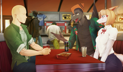anthro bald beverage beverage_can black_bottomwear black_clothing black_pants black_shirt black_topwear booth bottomwear bow_tie breasts clothed clothed_anthro clothed_female clothed_human clothed_male clothing collared_shirt detailed_background dress_shirt female fingers floral_print food furniture green_clothing green_eyes green_jacket green_shirt green_topwear grey_bottomwear grey_clothing grey_pants group humanoid_hands inside jacket looking_at_another male non-mammal_breasts open_clothing open_jacket open_mouth open_topwear orange_eyes pants red_bow_tie shirt side_view sitting smile table talking_to_another topwear trio_focus white_clothing white_shirt white_topwear tdraw cavemanon_studios goodbye_volcano_high ko_op_(game_developer) snoot_game anon_(snoot_game) naomi_(gvh) naser_(gvh) dinosaur hadrosaurid human mammal ornithischian ornithopod parasaurolophus prehistoric_species pterosaur reptile scalie absurd_res colored hi_res shaded