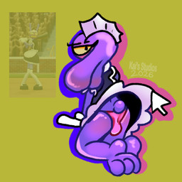 3_toes anthro backsack balls bottomwear clothed clothing clothing_lift computer_mouse cursor ears_down feet femboy genitals looking_at_viewer looking_back looking_back_at_viewer maid_headdress maid_uniform male pivoted_ears purple_body screencap simple_background skirt skirt_lift solo toes underwear uniform yellow_background kais_studios glitch_productions the_amazing_digital_circus jax_(tadc) lagomorph leporid mammal rabbit 1:1 2026 absurd_res hi_res