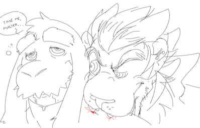 anthro anthro_on_anthro bite blood bodily_fluids dialogue dominant dominant_male duo ear_piercing fangs hair long_ears male male/male neck_bite piercing ringed_eyes sharp_teeth simple_background speech_bubble submissive submissive_male teeth text white_background anothermeekone felid lagomorph leporid lion mammal pantherine rabbit vampire english_text