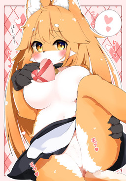 anthro anus areola barely_visible_anus barely_visible_genitalia barely_visible_vulva big_breasts black_body black_fur blush bottomwear breasts candy chocolate claws clothed clothing countershading cute_fangs dessert explicitly_stated_consent fangs female female_anthro finger_claws fingers food fur genitals hair heart_symbol holidays kemono long_hair looking_at_viewer multicolored_body multicolored_fur navel no_underwear orange_body orange_fur orange_hair pattern_background simple_background skirt skirt_only solo tail teeth text topless topless_anthro topless_female two_tone_body two_tone_fur vulva white_body white_fur mihihusuzu valentine's_day canid canine fox mammal red_fox true_fox 2023 digital_media_(artwork) hi_res japanese_text translated
