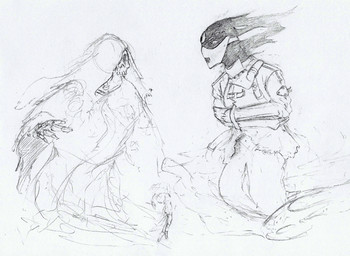 ambiguous_gender anthro black_body bone clothing duo eye_contact front_view grey_background looking_at_another muzzle_(object) muzzled restraints robe simple_background skeleton straitjacket deriaz animated_skeleton ghost spirit undead 2013 graphite_(artwork) greyscale hatching_(art) monochrome portrait shaded sketch three-quarter_portrait traditional_media_(artwork)