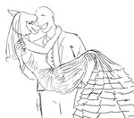 2024 ae_9_9_9 anon_(snoot_game) anthro bald black_and_white black_tie_(suit) bride carrying_another carrying_partner cavemanon_studios clothing dinosaur dress duo extinct eyelashes eyes_closed female fingers goodbye_volcano_high groom hadrosaurid hair hi_res human male male/female mammal monochrome naomi_(gvh) ornithischian ornithopod parasaurolophus prehistoric_species reptile scalie short_hair sketch smile snoot_game snout suit wedding_dress wedding_veil