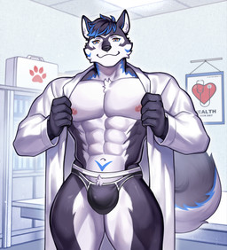 abs anthro black_hair black_nose blue_hair blue_markings blue_tail_tip bulge clothed clothing coat dipstick_tail ears_up front_view fur grey_body grey_fur grey_tail hair jockstrap lab_coat looking_at_viewer male markings multicolored_hair muscular muscular_male nipples pockets smile solo standing tail tail_markings topwear underwear white_body white_clothing white_coat white_fur white_topwear yellow_eyes k_h236 thunderrangers archermagnum canid canine canis domestic_dog husky mammal nordic_sled_dog spitz wolf hi_res portrait three-quarter_portrait
