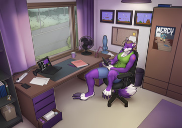animal_dildo animal_sex_toy anthro breasts brown_hair canine_dildo chair claws cleavage clothed clothing computer controller detailed_background dildo electric_fan electronics female fully_clothed fur furniture game_controller hair inside knot knotted_dildo laptop long_claws office_chair poster purple_body purple_fur sex_toy shirt sitting solo tail tank_top topwear white_body white_fur longblueclaw rubik's_cube canid canine mammal 2016 digital_media_(artwork) picture_in_picture