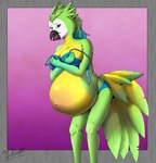 anthro beak belly big_belly clothing covering_up feathers female green_body green_feathers huge_belly lingerie looking_at_viewer navel open_beak open_mouth outie_navel pregnant simple_background solo underwear wardrobe_malfunction yellow_belly yukiashi_(artist) lia_park_(character) avian hi_res