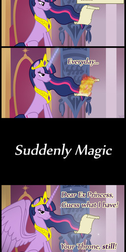 annoyed banner chair crown cutie_mark feathered_wings feathers female feral fur furniture hair headgear horn jewelry long_hair magic multicolored_hair pink_hair purple_body purple_eyes purple_feathers purple_fur purple_hair role_reversal scroll short_hair smile solo text throne tiara two_tone_hair what_has_magic_done wings drlonepony friendship_is_magic hasbro my_little_pony mythology twilight_sparkle_(mlp) equid equine mammal mythological_creature mythological_equine winged_unicorn comic cool_colors english_text hi_res