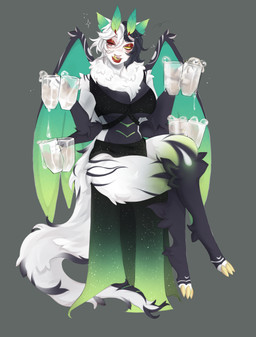 4_arms antennae_(anatomy) anthro beer_mug big_breasts big_tail black_body black_fur black_hair bodily_fluids breasts clothed clothing colored_nails crossed_legs cum cum_drip cum_in_a_cup cum_in_container cum_spill dress dripping eyeliner female fur fur_markings furred_wings genital_fluids gradient_fur green_body green_inner_ear green_scales hair holding_object licking licking_lips looking_at_viewer makeup markings multi_arm multi_limb nails neck_tuft one_eye_closed red_eyeliner scales sitting solo tail tongue tongue_out tuft white_body white_fur white_hair wings wink yellow_eyes yellow_nails varenart mythology lilith_(huf13) arthropod dragon hybrid insect lepidopteran moth mythological_creature mythological_scalie scalie absurd_res hi_res