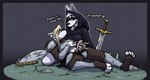 anthro armor cloak clothing duo female female_holding_male genitals handjob holding_penis kneeling lying male male/female masturbation melee_weapon on_back penile penis sex shield sword weapon iniquity mortisus_(iniquity) canid canine canis mammal wolf