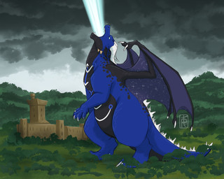 castle countershading feral laser macro male on_hind_legs reverse_countershading solo spiked_tail spikes spikes_(anatomy) tail wings palehorntea mythology ryvin dragon kaiju mythological_creature mythological_scalie scalie 5:4 hi_res